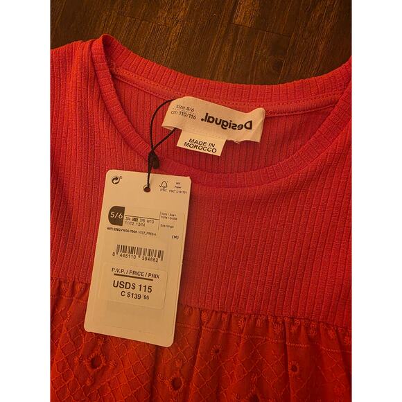 NWT Desigual Girls Vest Fresia Tiered Eyelet Lace Dress Coral Size 5/6 MSRP $115 - Picture 4 of 7